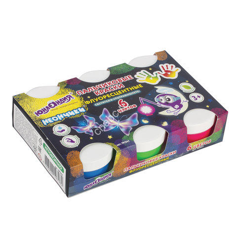 Краски пальчиковые флуоресцентные ЮНЛАНДИЯ "НЕОНЧИКИ" 6 цветов по 60 мл в баночках