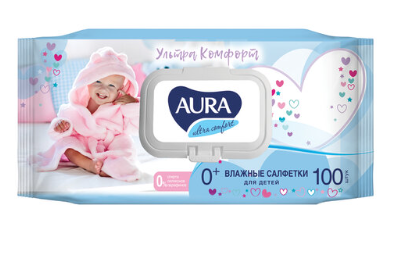 Салфетки влажные 100 шт., для детей AURA "Ultra comfort", гипоаллергенные, без спирта, крыш