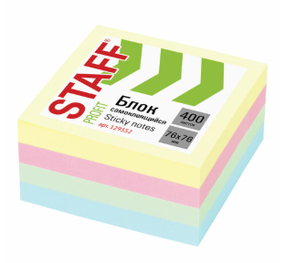 Блок самоклеящийся ПАСТЕЛЬНЫЙ, 76х76 мм, 400 листов, 4 цвета