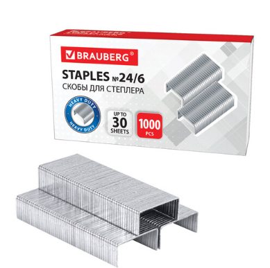 Скобы для степлера №24/6, 1000 штук, BRAUBERG, до 30 листов