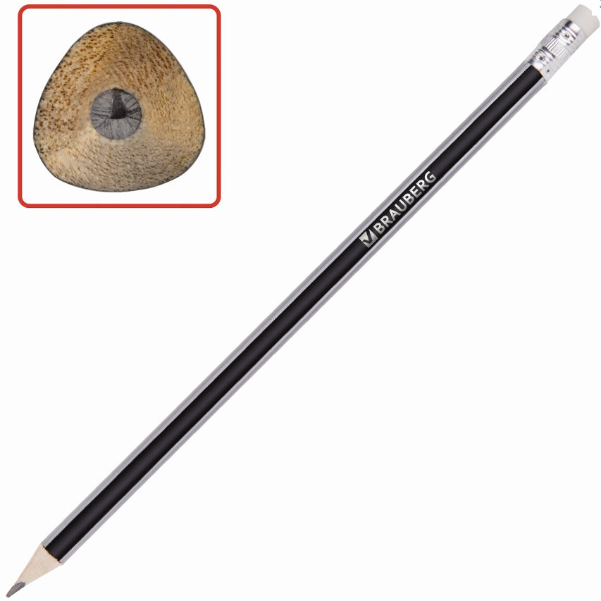 Карандаш чернографитный BRAUBERG "Alderida", НВ, трехгранный, с ластиком