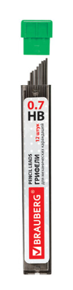 Грифели запасные 0,7 мм, HB, BRAUBERG, КОМПЛЕКТ 12 шт., "Hi-Polymer"