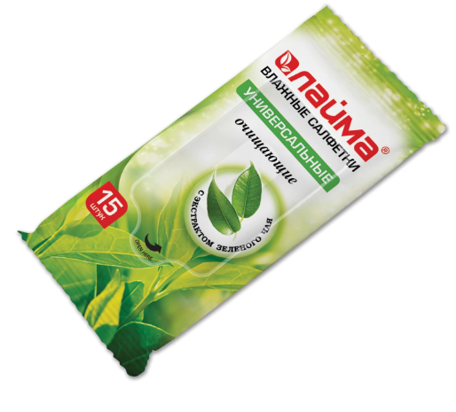 Салфетки влажные 15шт ЛАЙМА, универсальные очищающие, с экстрактом зеленого чая