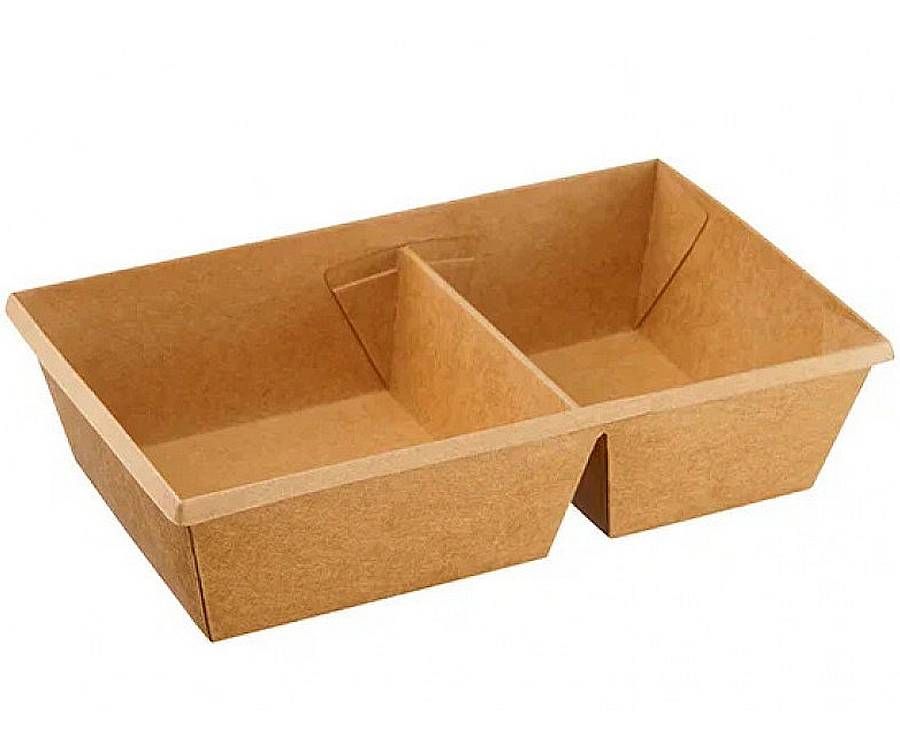 Ланч-бокс картонный 2-х секционный с прозрачной крышкой крафт 800мл 200*120*55 1/300