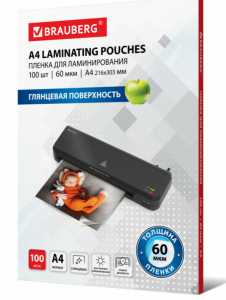 Пленки-заготовки для ламинирования А4, КОМПЛЕКТ 100 шт. 60 мкм BRAUBERG