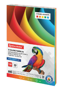 Бумага цветная BRAUBERG, А4, 80 г/м2, 250 л., (5 цветов х 50 листов),  для офисной техники