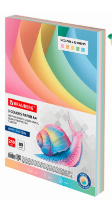 Бумага цветная BRAUBERG А4 80 г/м2 250 л. 5 цв 50 л пастель