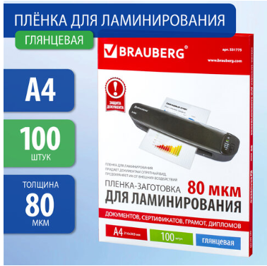 Пленки-заготовки для ламинирования А4, КОМПЛЕКТ 100 шт., 80 мкм