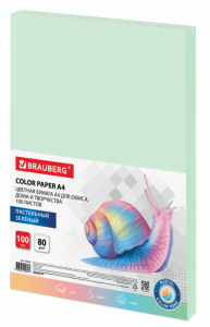 Бумага цветная BRAUBERG А4 80 г/м2 100 л. пастель зеленая для офисной техники