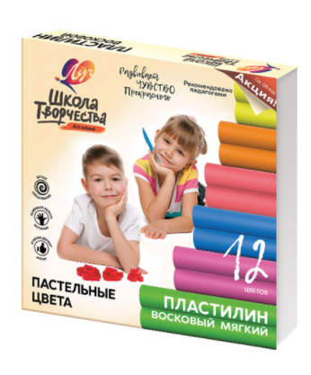 Пластилин восковой пастельный ЛУЧ "Школа творчества", 12 цветов, 180 г, картонная упаковка