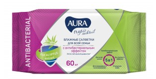 Салфетки влажные 60шт/уп, с антибактериальным эффектом AURA Famil
