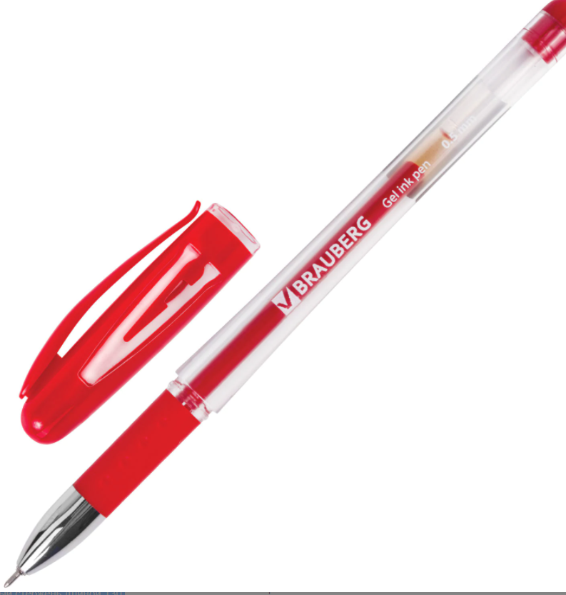 Ручка гелевая красная грипом BRAUBERG  игольчатый узел 0,5 мм, линия письма 0,35 мм,