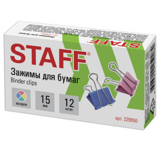 Зажимы для бумаг STAFF 15мм цветные 12шт