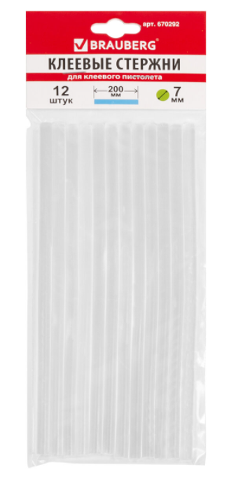Стержни клеевые  диаметр 7 мм, длина 200 мм, прозрачные, комплект 12 шт.