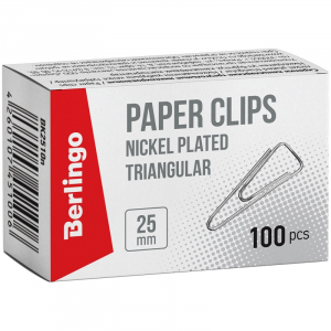 Скрепки 25 мм, Berlingо 100шт. никелированные треугольные с отогнутым носиком