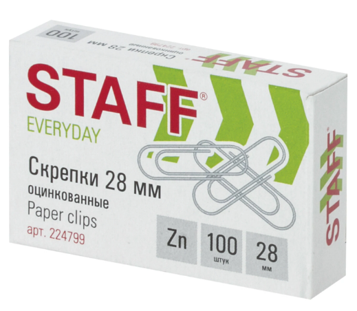 Скрепки 28 мм 100 шт. в картонной коробке