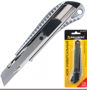 Нож канцелярский 18 мм BRAUBERG "Metallic", металлический корпус (рифленый), автофиксатор, блистер