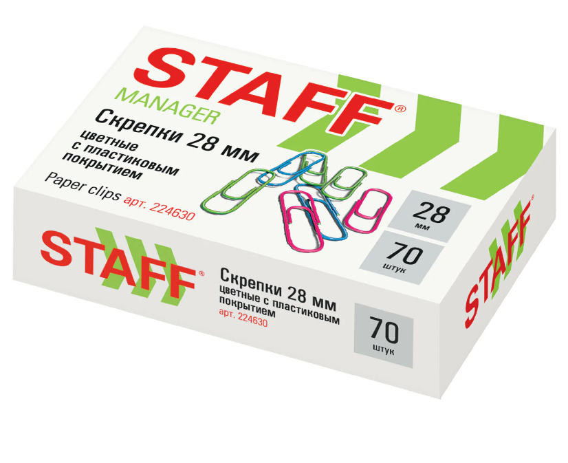 Скрепки 28 мм, STAFF "Manager цветные, 70 шт., в картонной коробке